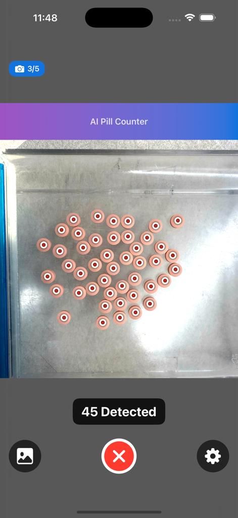 Smartphone screen displaying the AI Pill Counter app detecting forty-five pills on a tray with red dots for visual verification.