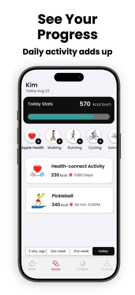 caKao AI - Calories & Fitness - Dashboard von caKao AI, das tägliche Aktivitätsstatistiken und verbrannte Kalorien zeigt, einschließlich eines Pickleball-Workouts