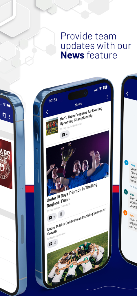 Stack Team Appのニュース機能。スポーツチームの更新とチャンピオンシップの結果を表示。