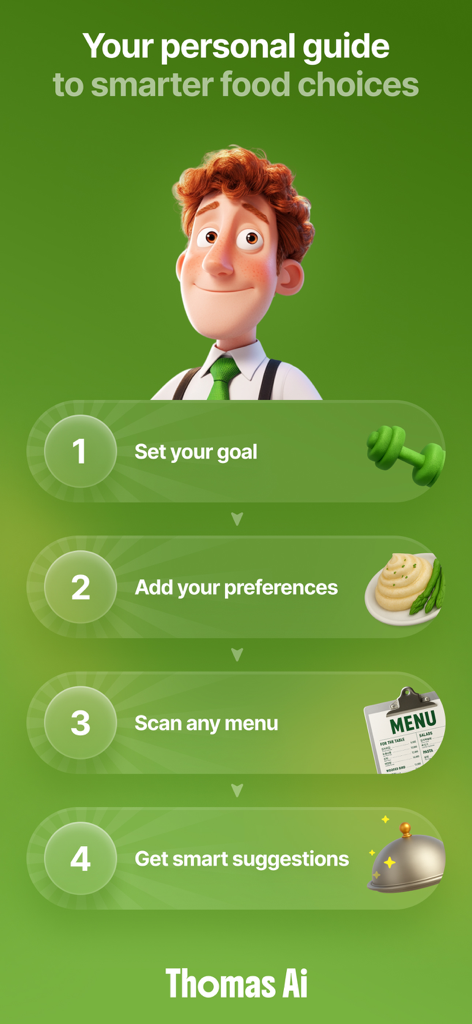 Thomas AI: Eat Smart & Healthy - Thomas AI mobile app screen displaying a four step guide to smarter dining including setting goals adding preferences scanning menus and getting smart suggestions