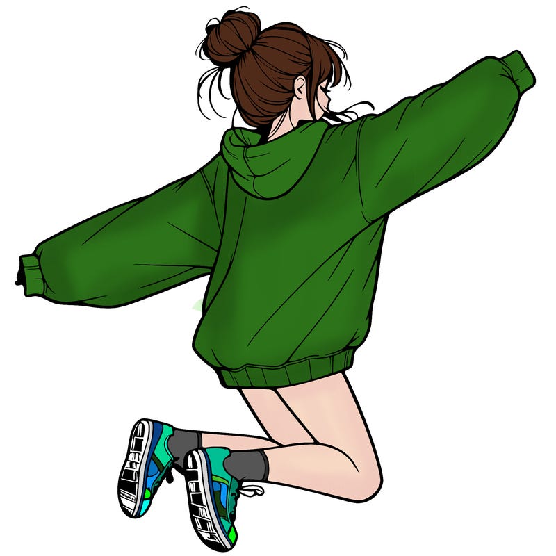 realistic girl jumping with a bun and oversized sweatshirt