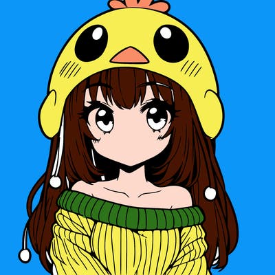 anime girl with chick shaped hat with sweater with bare shoulders with bangs covering them one eye with low tail