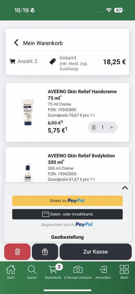Klösterl-Apotheke - Shopping cart screen in the Kloesterl Apotheke app displaying skin relief products and PayPal payment options.