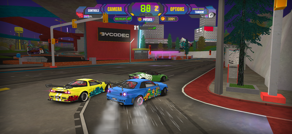 Project Drift 2.0 - Tres coches JDM personalizados realizando un drift en tándem en una pista de carreras urbana por la noche