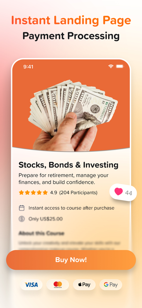 Ein mobiler Bildschirm, der eine Creator-Landingpage für einen Investitionskurs mit einem Jetzt kaufen-Button und Icons zur Zahlungsabwicklung zeigt