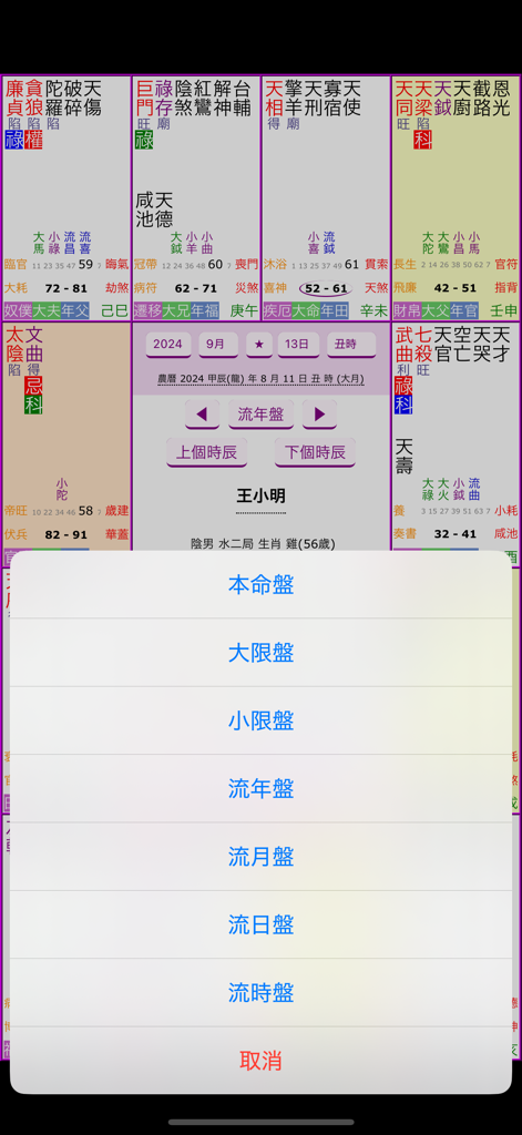 A menu overlay on a Purple Star Astrology app displaying options for natal, decade, yearly, monthly, daily, and hourly charts.