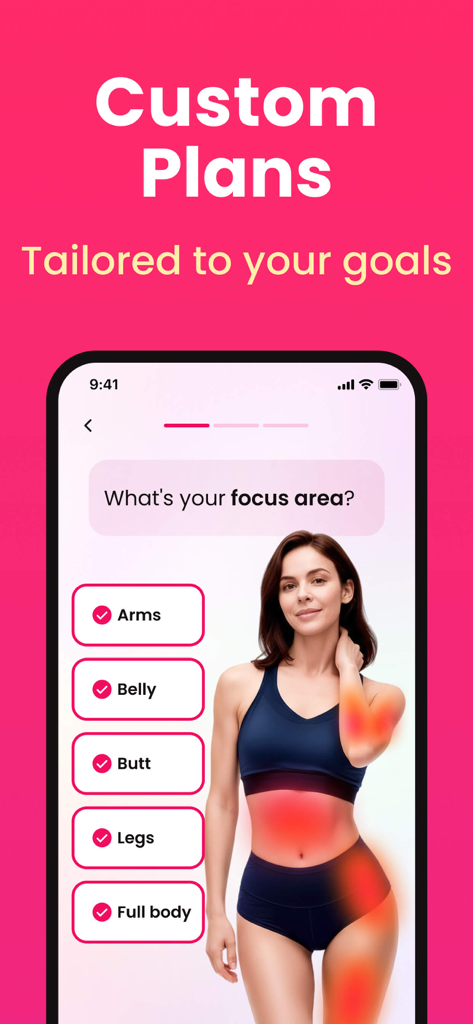 EasyFit AI-Home Workout - EasyFit-App-Bildschirm, der Optionen zur Auswahl von Fokusbereichen wie Armen, Bauch und Beinen für einen benutzerdefinierten Trainingsplan anzeigt