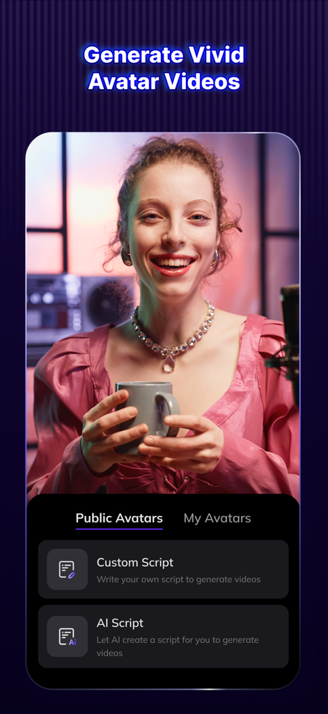 Interface utilisateur de Vozo AI montrant les options pour générer des vidéos d'avatars vivides avec des scripts personnalisés ou générés par IA.