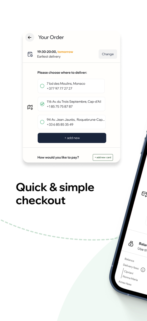 Mr Room Service - Interface of the Mr Room Service app showing delivery address selection for Monaco and payment options during checkout.