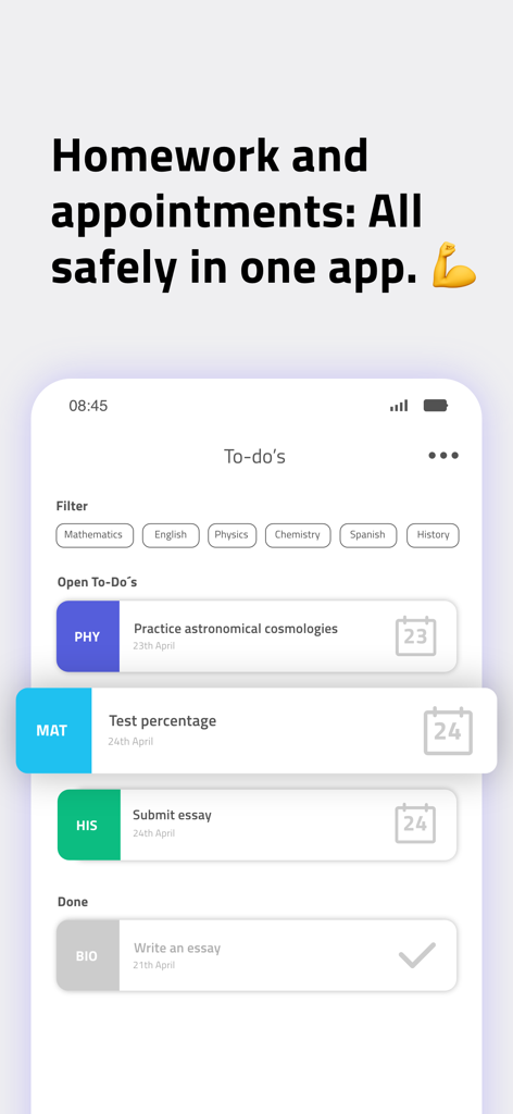 Eine saubere und farbcodierte Oberfläche zur Verfolgung von Schulhausaufgaben und Terminen, die anstehende und erledigte Aufgaben nach Fächern geordnet anzeigt