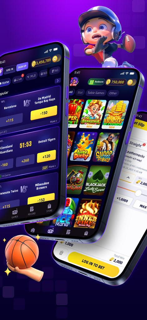 Gwin: Sportsbook For Cash &Fun - Gwin app interface displaying sports betting odds and social sweepstakes casino games