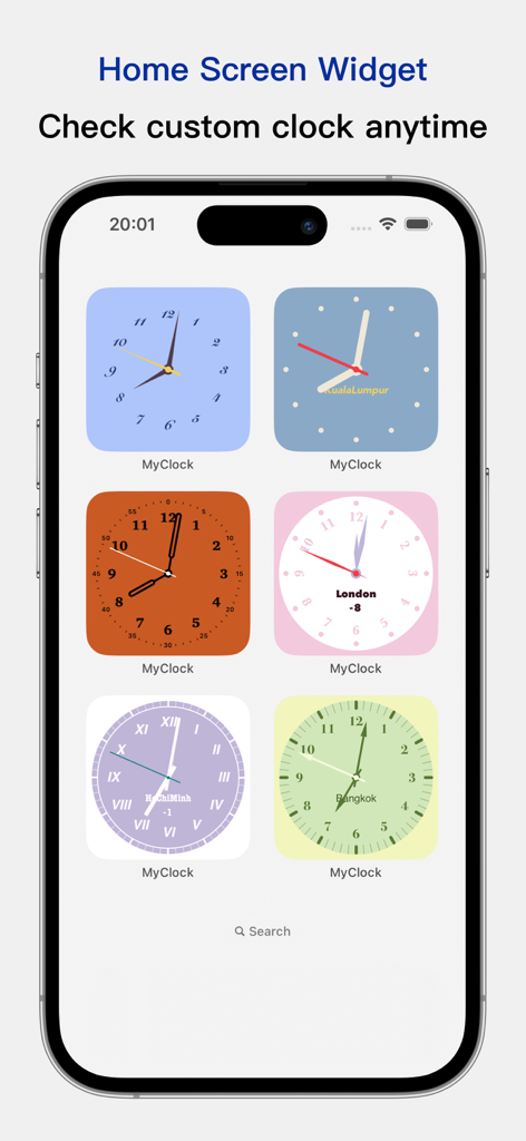 Un écran d'accueil iPhone présentant une variété de widgets d'horloge personnalisés, colorés et esthétiques de l'application MyClock.
