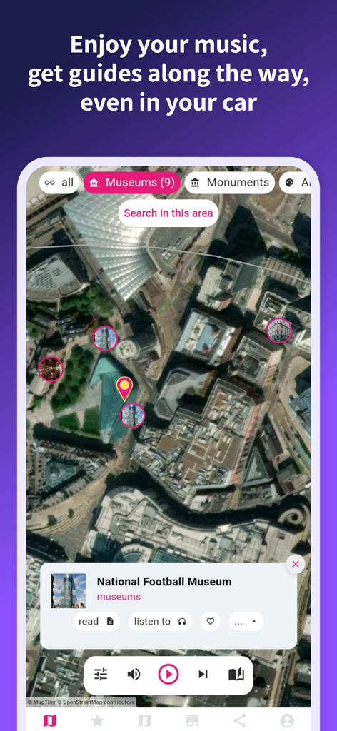 Road Trip: Voice Tour Guide AI - Satellite map view in the Road Trip app showing museums and audio guide options
