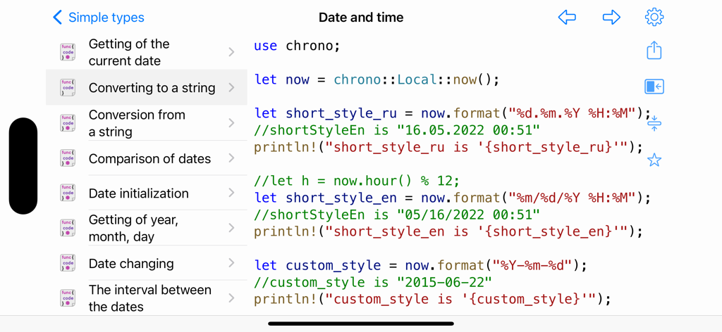 Rust Recipes - Rust Recipes app screen displaying code snippets for date and time formatting using the chrono library
