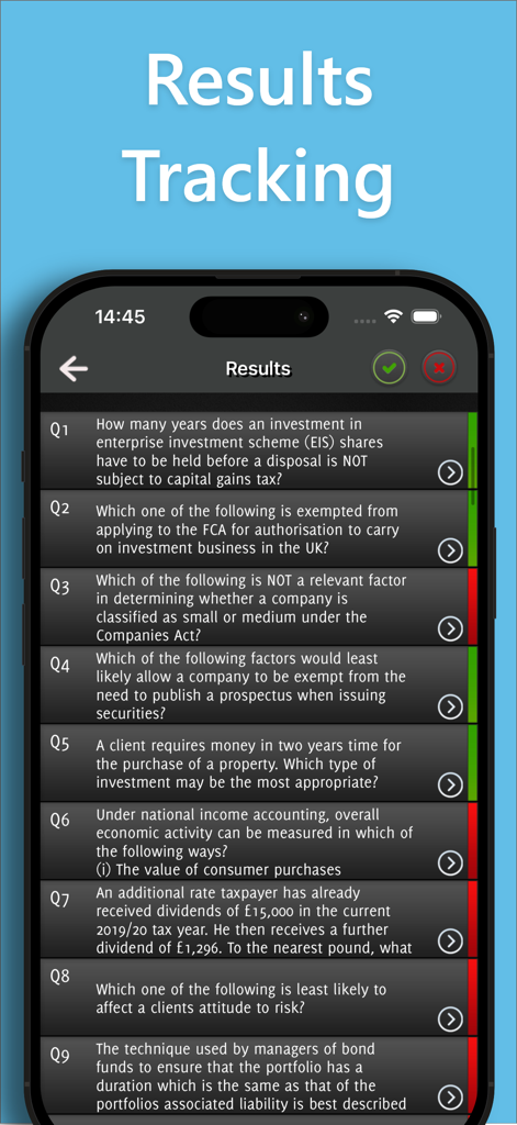 IMC Investment Management Exam - The results tracking screen of the IMC Investment Management Exam app showing a list of practice questions with green and red indicators for correct and incorrect answers.