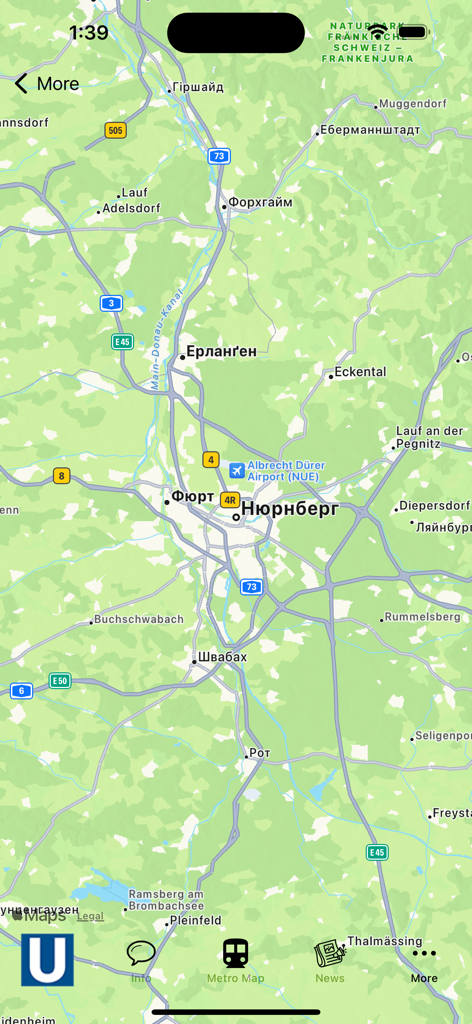 Nuremberg Subway Map - Eine detaillierte Straßenkarte der Region Nürnberg, integriert in die U-Bahn-Navigations-App