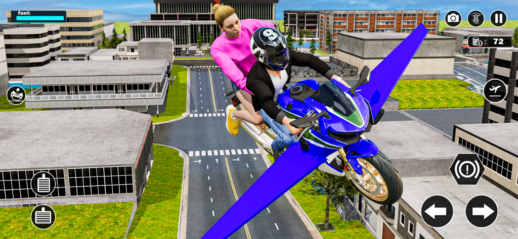 Flying Motorbike: Bike Games - A blue motorbike with large wings flying over a city with a passenger