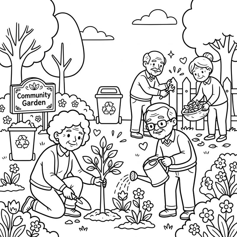 Discover the joy of giving back with this delightful coloring page featuring elderly volunteers making a community garden beautiful. Designed for kids, it's a wonderful way to learn about helping others and nature.