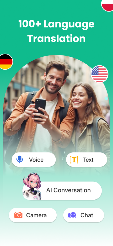 Interface do aplicativo Quick Translator mostrando recursos de voz, texto e conversação com IA para mais de 100 idiomas