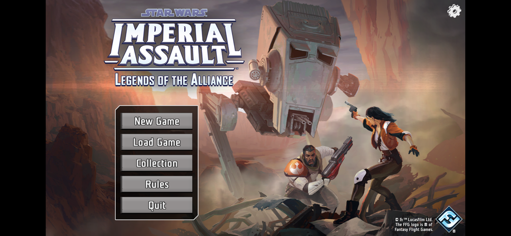 Star Wars: Imperial Assault - Menú principal de la aplicación Star Wars Imperial Assault Legends of the Alliance, con héroes Rebeldes luchando contra un caminante AT ST