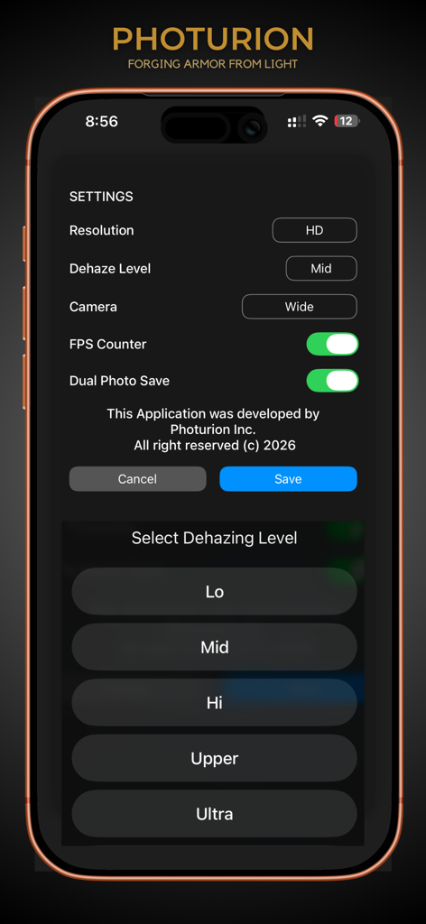 ClearView Pro - ClearView Pro mobile app settings screen showing dehazing level selection menu