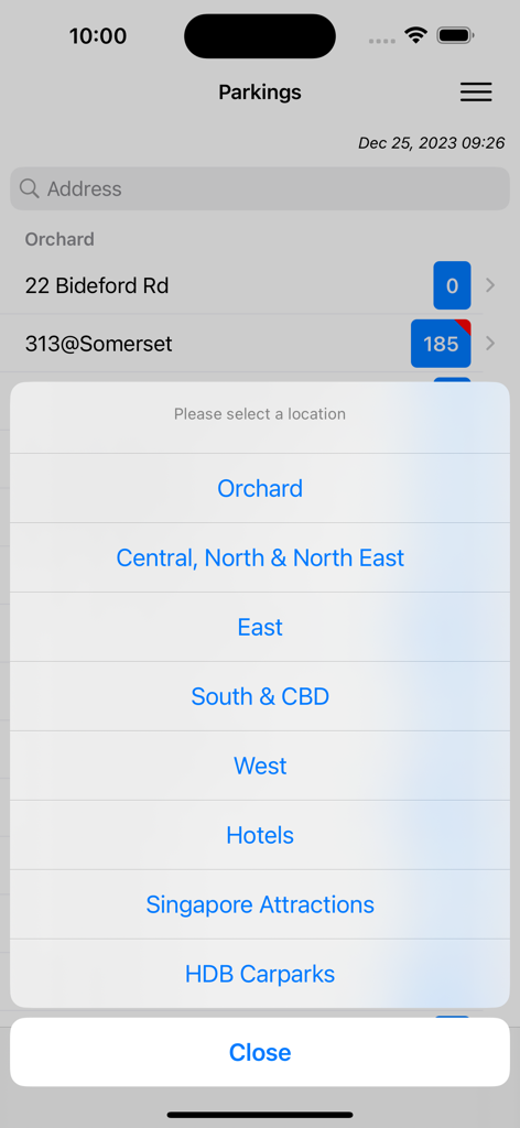 Mobile app menu for selecting parking locations by region and category in Singapore