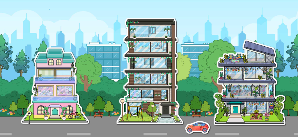 Tizi Modern Home Design Games - Tres edificios modernos y coloridos en una calle de dibujos animados de Tizi Modern Home Design Games
