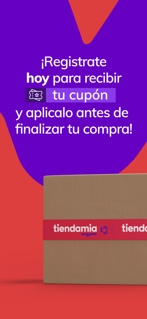 Tiendamia app promotional screen offering a discount coupon for new user registration featuring a branded shipping box