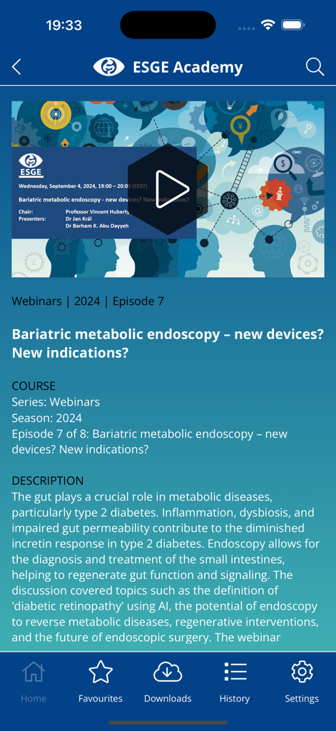 ESGE Academy - Aplicativo móvel ESGE Academy mostrando uma página detalhada de webinar sobre endoscopia metabólica bariátrica, incluindo um player de vídeo e descrição do curso