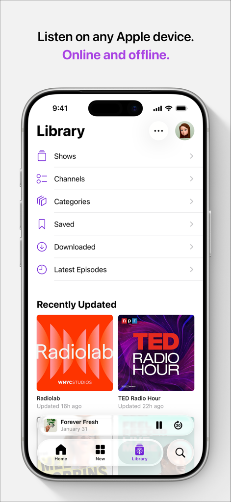Apple Podcasts - The Library screen of the Apple Podcasts app showing saved shows categories and recently updated episodes