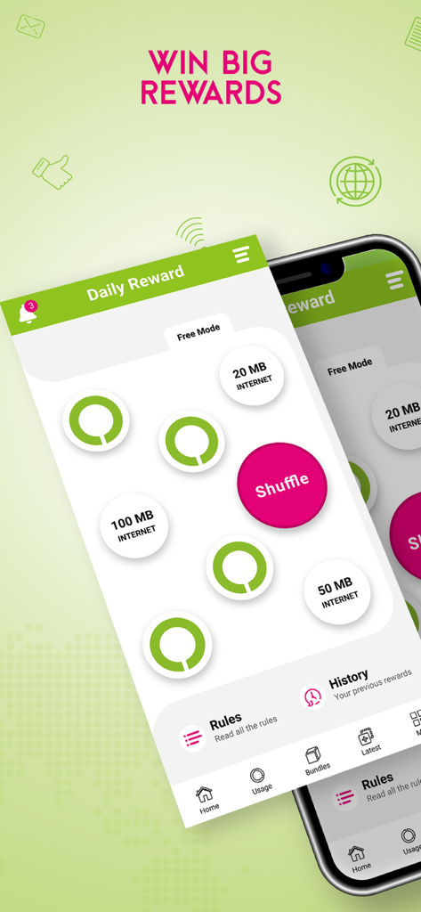 Daily reward screen in the My-Zong app where users can shuffle to win free internet MBs