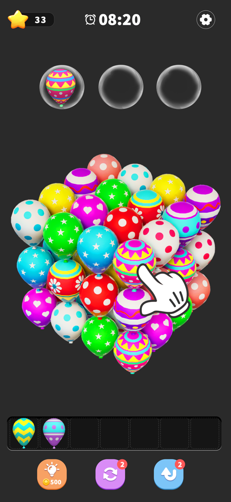 Balloon Triple Match: Match 3D - Gameplay screenshot of Balloon Triple Match showing a cluster of colorful 3D patterned balloons being sorted