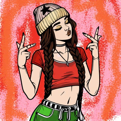 realistic teenage girl with braids and a beanie and crop top doing 🫶🏼