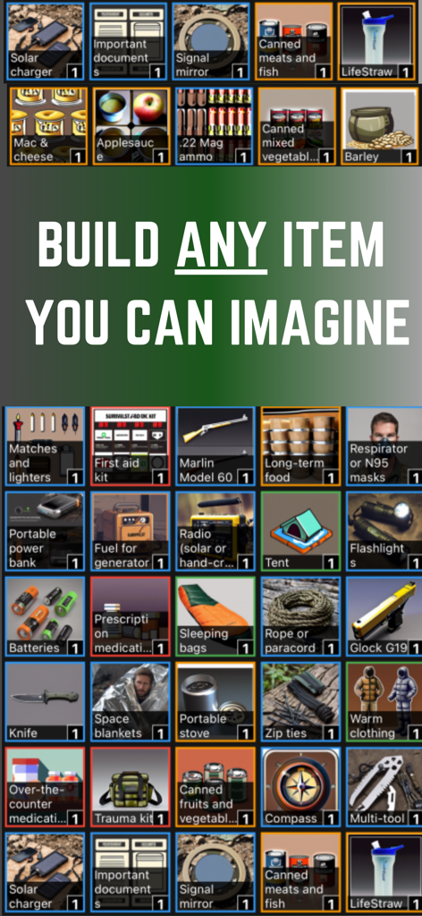 Preppr: Learn, Stock, Survive - A diverse grid of survival gear and food supply icons within the Preppr app interface