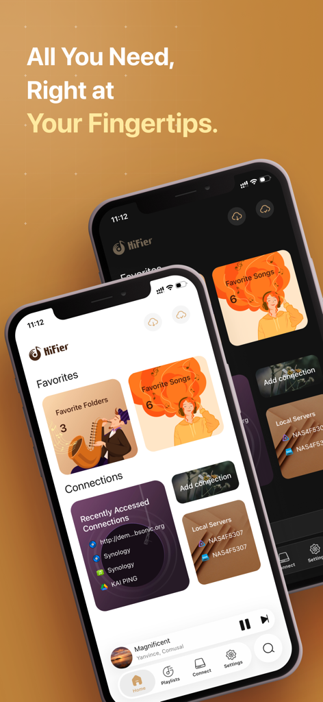 HiFier: HiFi Music Player - HiFier app home screen showing music favorites and server connections for NAS and cloud storage