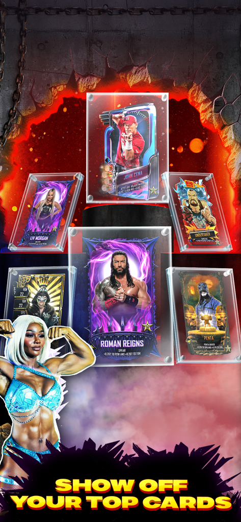 WWE SuperCard - Wrestling Game - Présentation de diverses cartes de collection WWE SuperCard, notamment celles de Roman Reigns et John Cena.