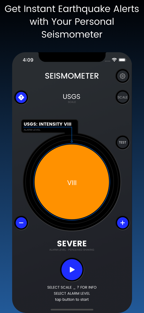 Seismometer app interface showing a severe earthquake alert with intensity VIII