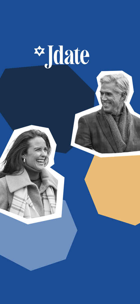 Bannière de l'application de rencontre juive Jdate avec le logo et des célibataires souriants dans des cadres artistiques
