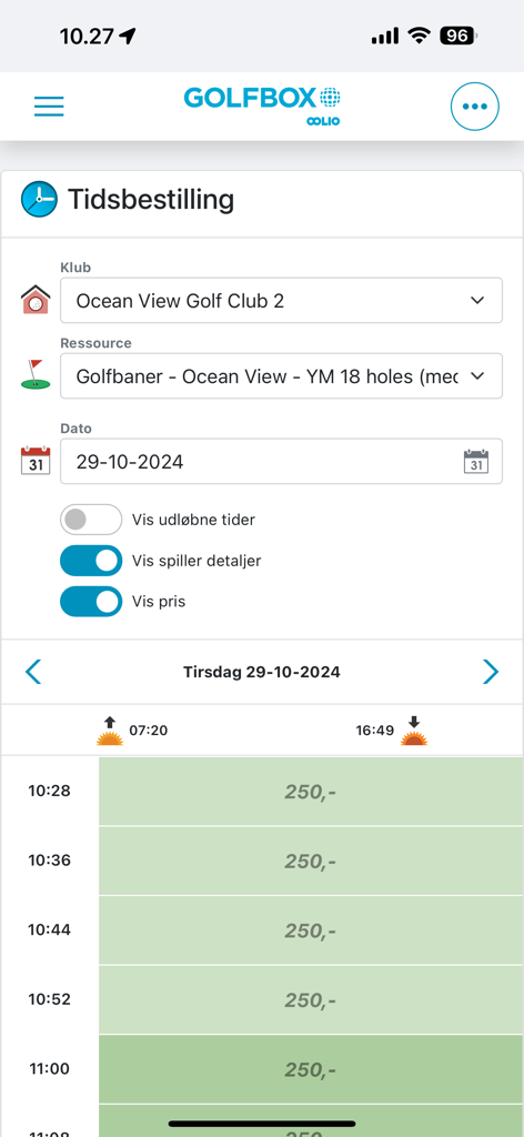 GolfBox App - Mobile interface of the GolfBox app for booking golf tee times showing available slots and prices