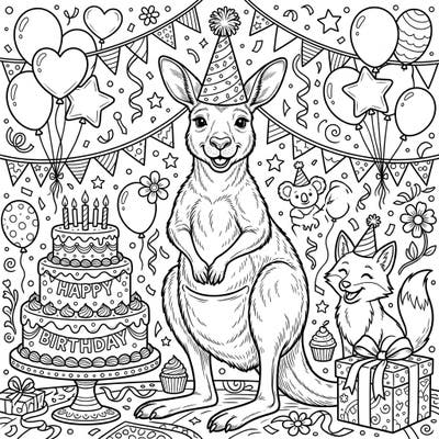 Join a cheerful kangaroo as it celebrates a fabulous birthday party, complete with cake, balloons, and joyful friends. This delightful coloring page captures the excitement of a special day, ready for your creative touch.