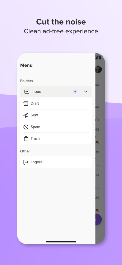 Spacemail - Spacemail app navigation menu highlighting a clean interface with email folders