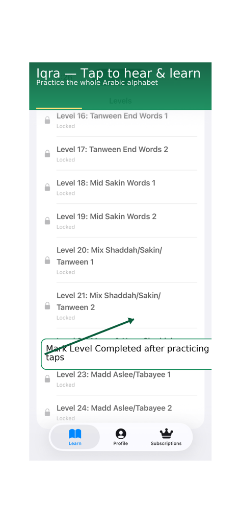 Learn Quran Reading by-Steps - Structured learning levels in the Iqra app for Quran reading and Arabic pronunciation