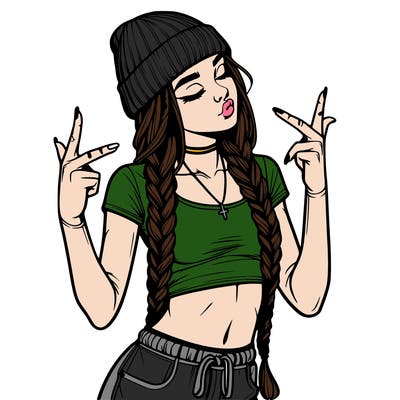 realistic teenage girl with braids and a beanie and crop top doing 🫶🏼