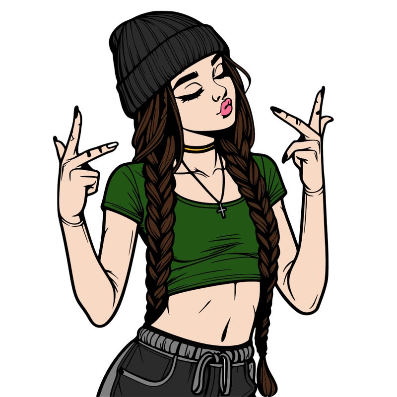 realistic teenage girl with braids and a beanie and crop top doing 🫶🏼