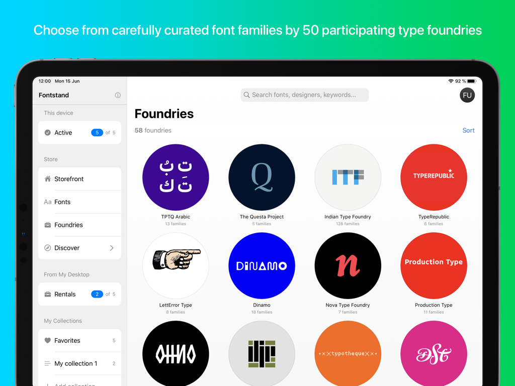 Aplicación Fontstand para iPad que muestra una cuadrícula de logotipos de fundiciones tipográficas participantes