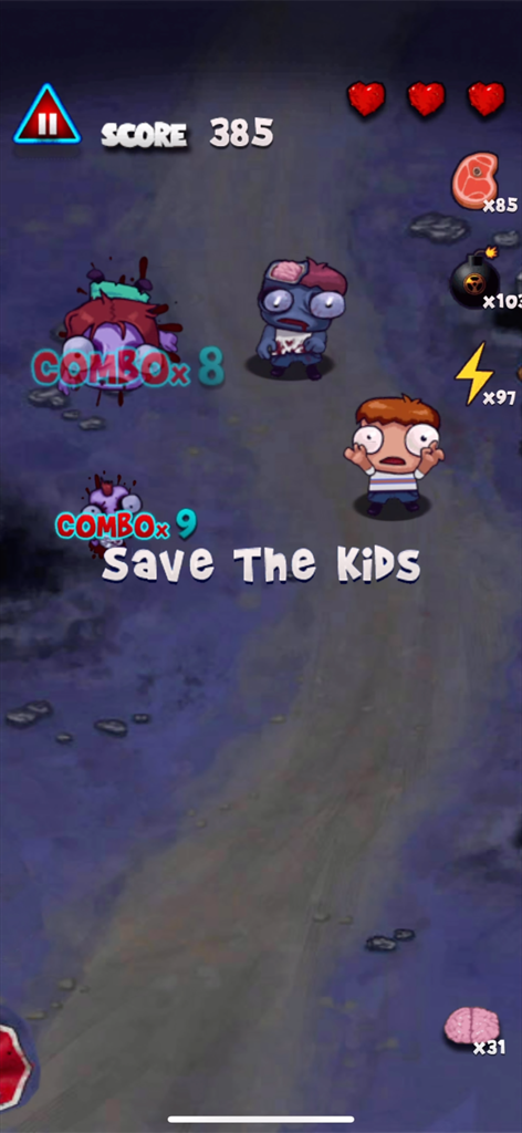 Zombie Smasher Puzzle - Gameplay screen of Zombie Smasher Puzzle showing cartoon zombies and a Save The Kids instruction