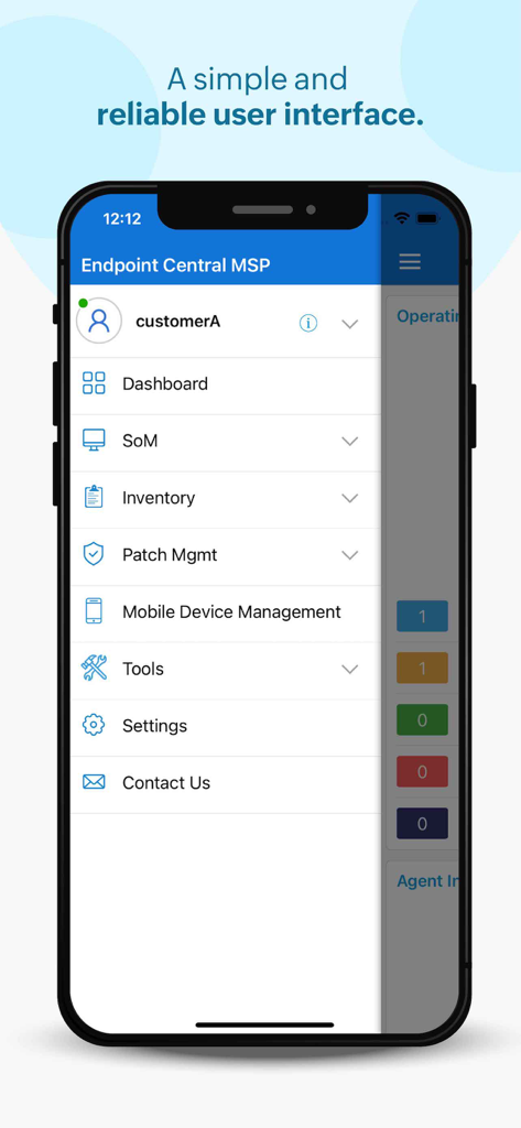 Endpoint Central MSP - Smartphone screen displaying the navigation menu of Endpoint Central MSP app with options like Dashboard and Patch Management.
