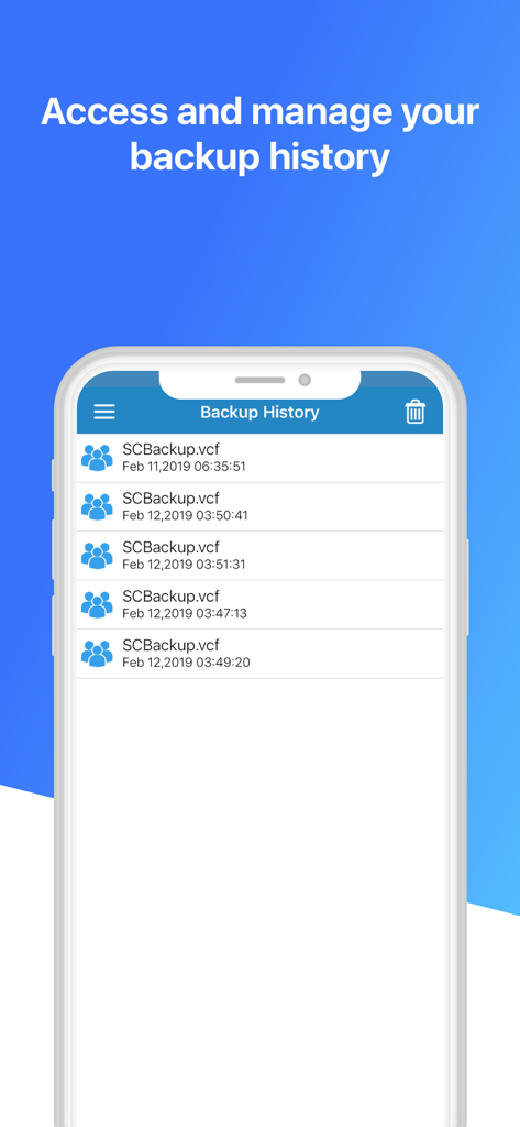 The backup history screen of the app showing several saved contact files