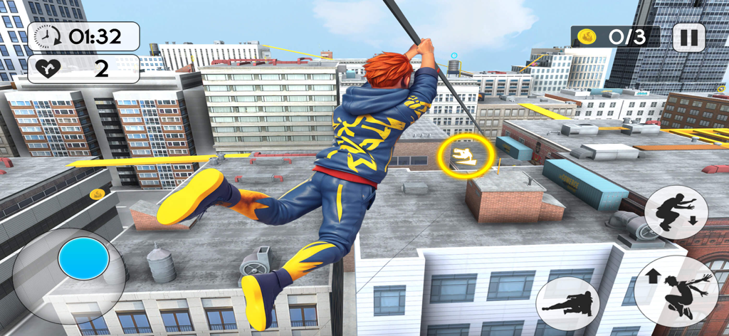 Rooftop Backflip Parkour Games - A character ziplining between city buildings in the Rooftop Backflip Parkour Games app.
