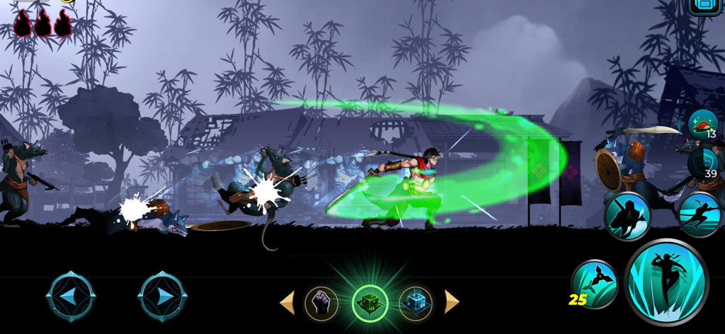 Ninja Adventure: Shadow Legend - 忍者のキャラクターが、暗く雰囲気のある森のレベルで、強力な緑の剣スキルをネズミと狼の敵に行っている